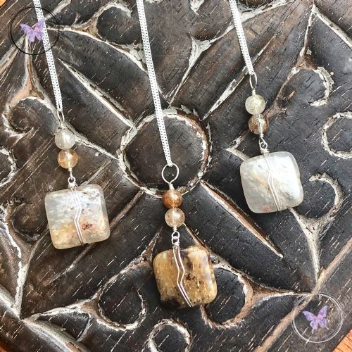 Silver Wire Wrapped Rutilated Quartz Pendant Necklace